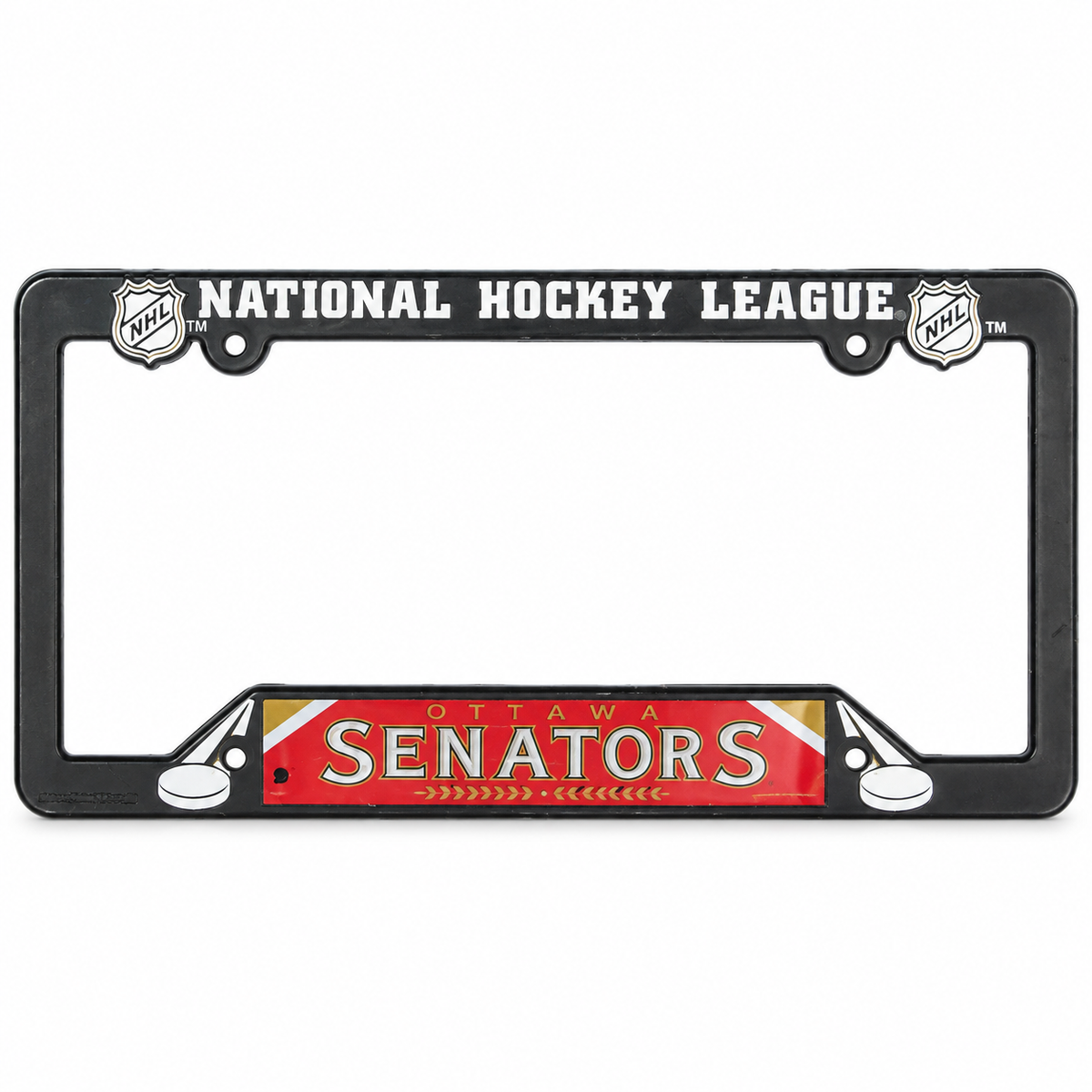 Black Ottawa Senators license plate frame with National Hockey League lettering and hockey stick graphics on white background