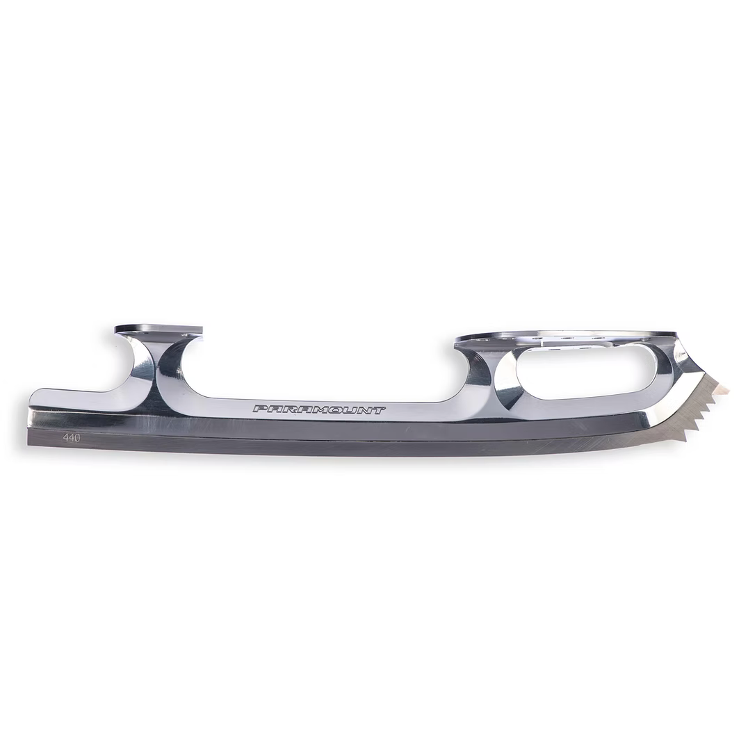 Paramount 420 figure skating blade with chrome finish and toe picks, displayed on a white background.