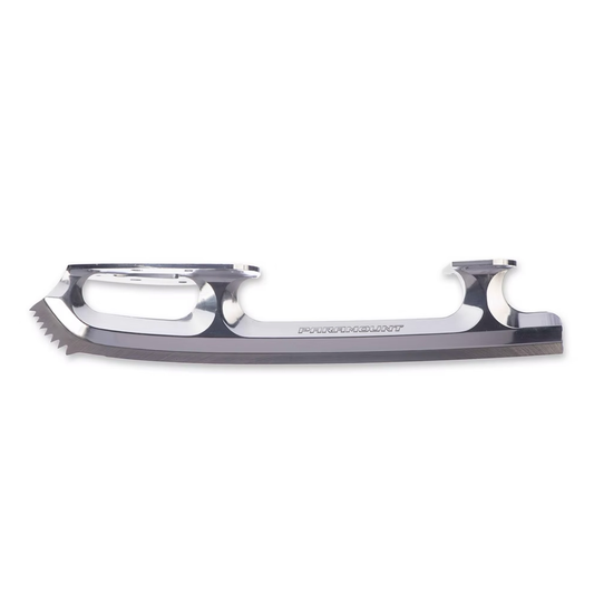 Paramount Ultimate figure skating blade with aggressive toe picks and polished chrome finish, displayed on a white background