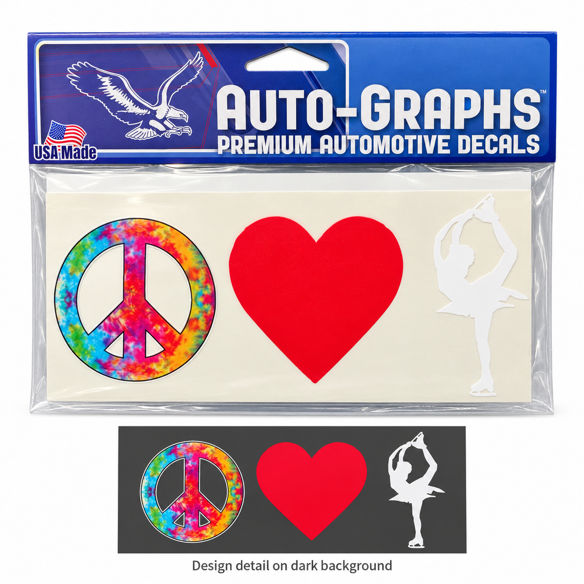 Peace, Love and Figure Skating decal with white spinning skater clearly visible and a dark-background detail panel