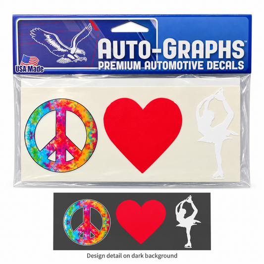 Peace, Love and Figure Skating decal with white spinning skater clearly visible and a dark-background detail panel