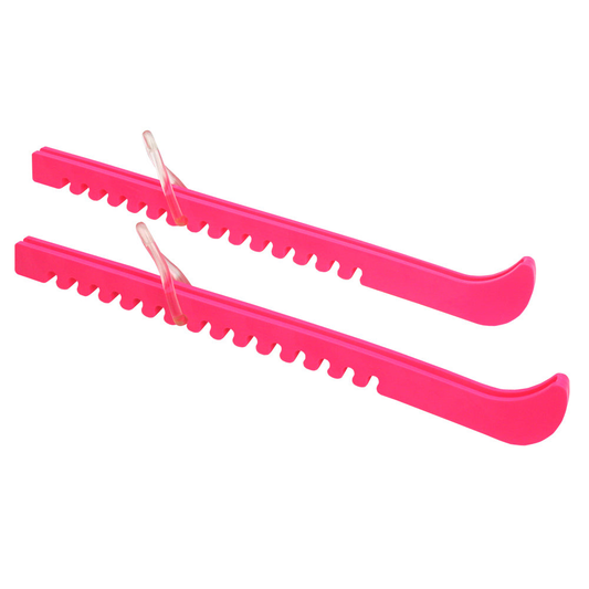 Pair of bright pink fixed skate guards with rubber pull-on springs, displayed on a white background.