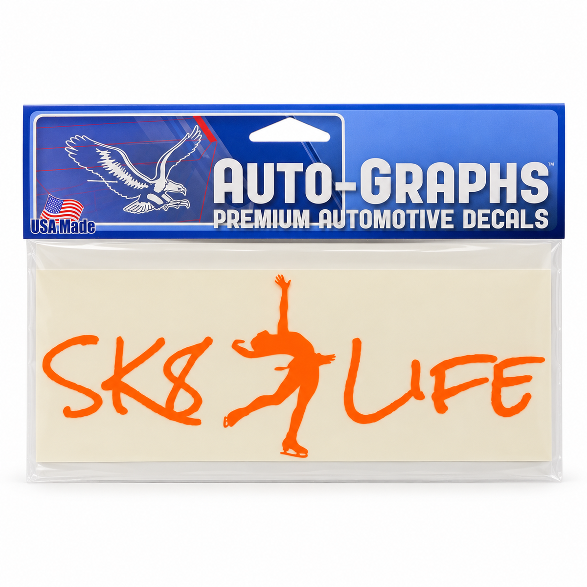 Neon orange SK8 Life figure skating car decal in Auto-Graphs packaging on white background