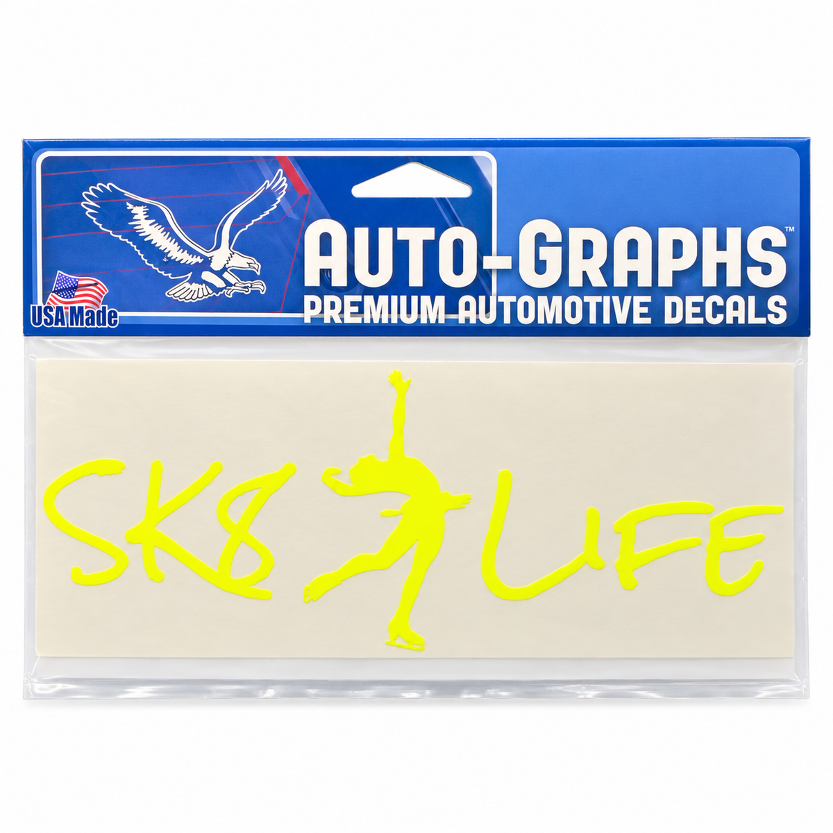 Neon yellow SK8 Life car decal with central figure skater silhouette by Auto-Graphs in retail packaging on a white background