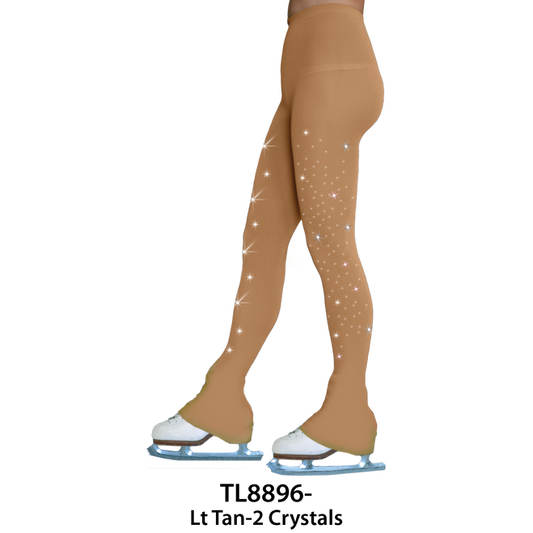 Tan figure skating pants with a gradient star and sparkle design, worn over white skates and displayed on a white background.