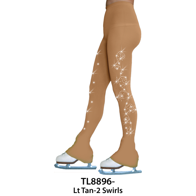 Tan figure skating pants with crystal swirl and starburst design, worn over white skates and displayed on a white background.