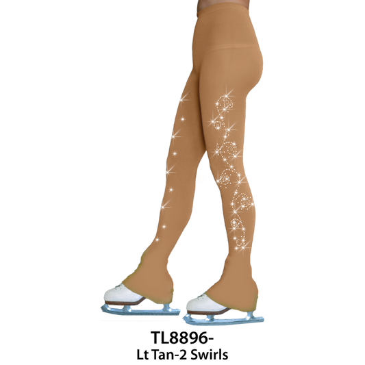 Tan figure skating pants with crystal swirl and starburst design, worn over white skates and displayed on a white background.
